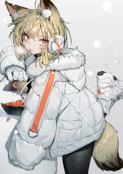 Rule 34 | 1girl, absurdres, animal ears, ankle boots, arknights, black pants, blush, boots, breath, bright pupils, carrot, coat, earmuffs, fang, fox ears, fox girl, fox tail, from side, fur-trimmed hood, fur trim, gloves, grey background, highres, hood, hood down, implied extra ears, kentllaall, leg up, long sleeves, looking at viewer, looking to the side, notched ear, open clothes, open coat, open mouth, orange eyes, pants, puffy long sleeves, puffy sleeves, short hair, simple background, skin fang, snow, snowman, solo, standing, standing on one leg, tail, thighhighs, vermeil (arknights), white footwear, white gloves, winter clothes, winter coat, yoga pants