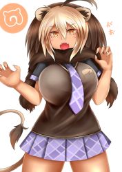 Rule 34 | 1girl, ahoge, animal ears, barbary lion (kemono friends), big hair, blonde hair, breasts, brown hair, cat girl, claw pose, cowboy shot, daddy pomgi, fangs, fingernails, fur scarf, hair between eyes, hands up, japari symbol, kemono friends, large breasts, lion ears, lion girl, lion tail, miniskirt, multicolored hair, necktie, open mouth, plaid, plaid necktie, plaid neckwear, plaid skirt, pleated skirt, scarf, sharp fingernails, shirt, short sleeves, simple background, skirt, solo, sweater vest, tail, tan, teeth, two-tone hair, upper teeth only, v-shaped eyebrows, white background, yellow eyes