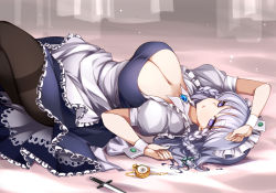 Rule 34 | 1girl, apron, blue dress, blue eyes, bow, braid, breasts, clock, dress, frilled apron, frilled skirt, frills, hair bow, highres, izayoi sakuya, knife, large breasts, maid, maid apron, maid headdress, medium hair, pantyhose, puffy short sleeves, puffy sleeves, raptor7, short hair, short sleeves, silver hair, skirt, solo, thighband pantyhose, thighs, touhou, twin braids, weapon