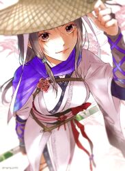 Rule 34 | 1girl, asu kun, bare legs, black hair, blush, breasts, brown eyes, brown hair, hair ornament, hat, holding, holding staff, hong jing (wo long), large breasts, long hair, looking at viewer, scarf, sketch, smile, solo, staff, straw hat, thighs, wo long: fallen dynasty, zooming in
