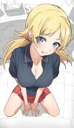 Rule 34 | 1girl, absurdres, ahoge, between legs, blonde hair, blue eyes, blue shirt, blush, breasts, cleavage, dorontabi, from above, hachimiya meguru, hair ornament, head tilt, heart, heart hair ornament, highres, idolmaster, idolmaster shiny colors, kneeling, large breasts, licking lips, long hair, looking at viewer, looking up, low twintails, naughty face, own hands together, pleated skirt, polo shirt, red skirt, shirt, short sleeves, skirt, smile, solo, tongue, tongue out, twintails, unfinished, v arms