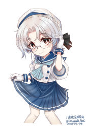 Rule 34 | 1girl, absurdres, blue neckwear, blue sailor collar, blue skirt, blush, brown eyes, dated, glasses, gloves, hat, highres, hirato (kancolle), kantai collection, long sleeves, looking at viewer, pleated skirt, ribbon, sailor collar, sailor hat, school uniform, serafuku, short hair, silver hair, simple background, skirt, smile, solo, thighhighs, twitter username, white background, white gloves, yaegashi (muzzuleflash)