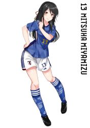 Rule 34 | 1girl, black footwear, black hair, blue shirt, blue socks, brown eyes, character name, closed mouth, commission, full body, hair down, hair ribbon, hand on own hip, highres, index finger raised, kimi no na wa., kneehighs, long hair, looking at viewer, miyamizu mitsuha, red ribbon, ribbon, rynn (darknescorez), second-party source, shirt, shoes, short sleeves, shorts, simple background, smile, sneakers, soccer uniform, socks, solo, sportswear, white background, white shorts