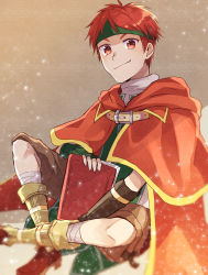 Rule 34 | 1boy, absurdres, book, capelet, closed mouth, fire emblem, fire emblem: radiant dawn, headband, highres, holding, holding weapon, hood, huge filesize, kuronanami, looking at viewer, male focus, nintendo, red eyes, red hair, shorts, simple background, sitting, sparks, tormod (fire emblem), weapon