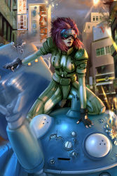 Rule 34 | 00s, 1girl, armor, battle, billboard, bodysuit, breasts, city, cleavage, cyberpunk, cyborg, damaged, daniel conway, david conway, explosion, fingerless gloves, ghost in the shell, ghost in the shell stand alone complex, glasses, gloves, gun, handgun, head-mounted display, jumpsuit, kusanagi motoko, mecha, pistol, purple hair, robot, ruins, short hair, solo, tachikoma, unzipped, weapon