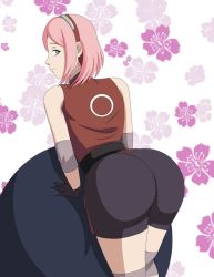 Rule 34 | 1girl, ass, bare shoulders, bike shorts, elmonais, from behind, gloves, green eyes, hairband, haruno sakura, huge ass, leaning, leaning forward, looking back, naruto, naruto (series), naughty face, pink hair, short hair, smile, solo, thick thighs, thighs, wide hips