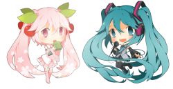 2girls :d absurdly_long_hair aqua_eyes aqua_hair bare_shoulders boots cherry chibi detached_sleeves dual_persona food food-themed_hair_ornament fruit hair_ornament hatsune_miku headset long_hair melanbread microphone multiple_girls necktie open_mouth pink_eyes pink_hair pink_theme sakura_miku simple_background skirt smile thigh_boots thighhighs twintails very_long_hair vocaloid white_background wide_sleeves zettai_ryouiki