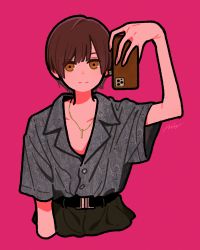Rule 34 | 1girl, absurdres, belt, brown eyes, collared shirt, commentary, cropped torso, english commentary, grey shirt, hand up, highres, holding, holding phone, looking at viewer, miyoshi yoshimi, original, phone, pink background, print shirt, shadow, shirt, shirt tucked in, short sleeves, signature, simple background, solo, tomboy