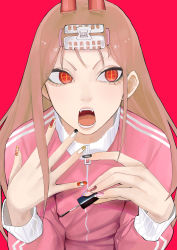 Rule 34 | + +, 1girl, chainsaw man, collar, cross-shaped pupils, fangs, highres, horns, jacket, long sleeves, looking to the side, nail art, nail polish, nail polish bottle, open mouth, power (chainsaw man), red background, red eyes, red horns, sailen0, simple background, solo, symbol-shaped pupils, track jacket