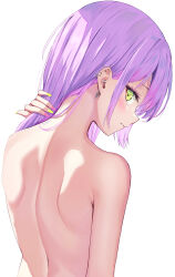 Rule 34 | 1girl, absurdres, back, back focus, bare arms, bare back, bare shoulders, ear piercing, from behind, green eyes, highres, hololive, implied nudity, oniku (o29sukizero), out of frame, piercing, purple hair, shoulder blades, solo, tokoyami towa, virtual youtuber
