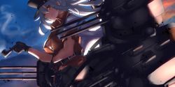 Rule 34 | 10s, 1girl, belt, black gloves, breasts, cleavage, cropped legs, dutch angle, facial scar, gangut (kancolle), gangut dva (kancolle), gloves, grey hair, hat, highres, holding, holding smoking pipe, jacket, kantai collection, long hair, machinery, military, military uniform, peaked cap, red eyes, red shirt, scar, scar on cheek, scar on face, shirt, smile, smoking pipe, solo, tsuuhan, uniform