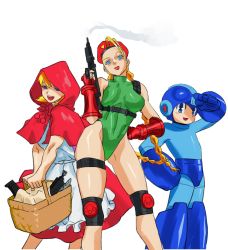 Rule 34 | 1boy, 2girls, basket, blonde hair, blue eyes, braid, bulleta, cammy white, capcom, capelet, dress, grin, gun, helmet, highres, holding, holding basket, holding gun, holding weapon, hood, hooded capelet, leotard, long hair, looking at viewer, marvel vs. capcom, marvel vs. capcom 2, mega man (character), mega man (classic), mega man (series), multiple girls, open mouth, red dress, simple background, skin tight, smile, smoke, standing, street fighter, taiyou, thigh strap, tongue, tongue out, twin braids, twintails, vampire (game), weapon, white background