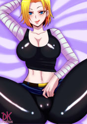 Rule 34 | 1girl, android 18, blonde hair, blush, breasts, cleavage, dkstudios05, dragon ball, female focus, large breasts, looking at viewer, lying, on back, pantyhose, patreon, short hair, solo, spread legs