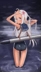Rule 34 | 1girl, adjusting hair, armpits, arms behind head, arms up, ass, black sailor collar, black one-piece swimsuit, blue eyes, commentary request, crop top, flower, from behind, hair flower, hair ornament, kantai collection, long hair, looking at viewer, looking back, one-piece swimsuit, one-piece tan, ro-500 (kancolle), sailor collar, school swimsuit, school uniform, serafuku, shirt, silver hair, sleeveless, sleeveless shirt, smile, solo, standing, swimsuit, swimsuit under clothes, tan, tanline, thigh gap, torpedo, umi (umi no kusomusi), wading, water, white shirt
