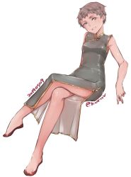 Rule 34 | 1girl, abaratani kurou, brown eyes, brown hair, china dress, chinese clothes, commentary, crossed legs, dated, dress, flats, full body, girls und panzer, grey dress, half-closed eyes, head tilt, highres, invisible chair, legs, long dress, looking at viewer, naomi (girls und panzer), one-hour drawing challenge, parted lips, red footwear, short hair, side slit, simple background, sitting, sleeveless, sleeveless dress, smile, solo, twitter username, very short hair, white background