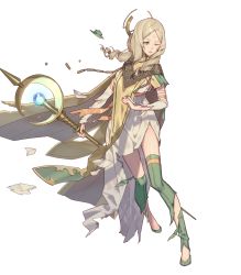 Rule 34 | 1girl, blonde hair, boots, cape, dress, emmeryn (fire emblem), female focus, fire emblem, fire emblem awakening, fire emblem heroes, full body, glowing, green footwear, highres, holding, holding staff, long dress, long hair, nintendo, official art, one eye closed, parted bangs, solo, sparkle, staff, thigh boots, thighhighs, torn clothes, torn dress, torn thighhighs, transparent background