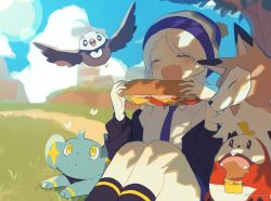 Rule 34 | 1girl, :d, :o, ^ ^, absurdres, beanie, black jacket, black socks, blue headwear, blue shorts, blue sky, blush, braid, closed eyes, cloud, collared shirt, creatures (company), day, fang, feet out of frame, food, fuecoco, game freak, gen 4 pokemon, gen 7 pokemon, grass, grey hair, hat, highres, holding, holding food, jacket, knees up, lighthouse, long sleeves, lycanroc, lycanroc (midday), necktie, nintendo, off shoulder, open clothes, open jacket, open mouth, outdoors, parted lips, pokemon, pokemon sv, puffy long sleeves, puffy sleeves, purple necktie, sandwich, shinx, shirt, short shorts, shorts, signature, sitting, sky, smile, socks, sofra, starly, twitter username, white shirt