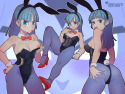 Rule 34 | 1boy, 1girl, animal ears, aqua eyes, artist request, ass grab, black leotard, black pantyhose, blue eyes, blush, bow, bowtie, breasts, bulma, cameltoe, cleavage, curvy, detached collar, dragon ball, embarrassed, fake animal ears, fishnet pantyhose, fishnets, grabbing own ass, high heels, highleg, highleg leotard, kneeling, large breasts, leotard, long hair, looking at viewer, multiple views, nipples, one breast out, pantyhose, playboy bunny, rabbit ears, rabbit tail, red footwear, red neckwear, shiny clothes, shiny skin, simple background, strapless, strapless leotard, tail, tongue, tongue out, vegeta, white background, wrist cuffs
