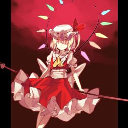 Rule 34 | 1girl, ascot, blonde hair, bow, dress, female focus, flandre scarlet, hat, hat bow, highres, laevatein, large bow, pillarboxed, red eyes, shihou (g-o-s), short sleeves, side ponytail, slit pupils, solo, embodiment of scarlet devil, touhou, wings