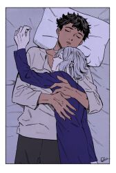 Rule 34 | 2boys, bags under eyes, bed, black hair, closed eyes, cuddling, curly hair, dark-skinned male, dark skin, dungeon meshi, elf, grey hair, kabe piko, kabru, long sleeves, lying, lying on person, male focus, mithrun, multiple boys, notched ear, on back, on bed, on person, pillow, pointy ears, shirt, short hair, sleeping, sleeping on person, yaoi