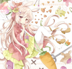 Rule 34 | 1girl, absurdres, animal ears, bad id, bad pixiv id, bandaged ear, bandaid, blush, bow, brown eyes, brown footwear, commentary, dress, finger to mouth, full body, green dress, hair ornament, hairclip, hand up, heart, heart hair ornament, high heels, highres, jacket, light brown hair, long hair, long sleeves, looking at viewer, needle, original, pleated dress, polearm, rabbit ears, red bow, red jacket, sewing needle, shoes, short eyebrows, solo, stuffed animal, stuffed carrot, stuffed rabbit, stuffed toy, symbol-only commentary, thick eyebrows, thighhighs, thread, trident, tsukiyo (skymint), very long hair, weapon, white thighhighs, wide sleeves, x hair ornament