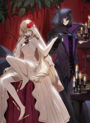 Rule 34 | 1boy, 1girl, black hair, blonde hair, book, breasts, bride, candle, cid kagenou, cover, curtains, dress, drill hair, flower, fork, hair flower, hair ornament, highres, holding hands, kage no jitsuryokusha ni naritakute!, knife, large breasts, leaf, long hair, official art, red eyes, rose oriana, short hair, sitting, standing, third-party edit, touzai (poppin phl95), wedding dress, yellow eyes