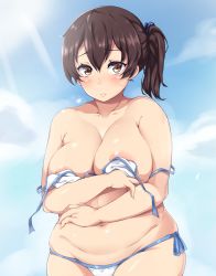 Rule 34 | 10s, 1girl, areola slip, bikini, blush, breasts, brown eyes, brown hair, embarrassed, highres, kaga (kancolle), kantai collection, large breasts, looking at viewer, moisture (chichi), navel, plump, revision, short hair, side-tie bikini bottom, side ponytail, solo, swimsuit, white bikini