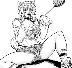 Rule 34 | 1girl, animal ears, animal hands, bb (baalbuddy), belt collar, clothes writing, collar, cropped shirt, dog ears, dog girl, dog tags, english text, feet out of frame, fuck-me shirt, greyscale, highleg, highleg panties, highres, leash, looking at viewer, meme attire, midriff, monochrome, monster girl, navel, open fly, original, out of frame, panties, paw pose, pet play, ribbed legwear, shoes, short hair, short shorts, shorts, simple background, sitting, smile, socks, solo focus, spread legs, tongue, tongue out, underwear, white background