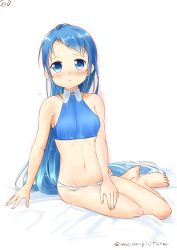 Rule 34 | 10s, 1girl, alternate costume, aqua hair, arm support, bare arms, bare legs, bare shoulders, barefoot, bed sheet, blue eyes, blue hair, blue shirt, blush, breasts, crop top, gradient hair, highres, kantai collection, long hair, looking at viewer, mae (maesanpicture), midriff, multicolored hair, navel, numbered, panties, pout, samidare (kancolle), shirt, sitting, sleeveless, sleeveless shirt, small breasts, solo, sulking, swept bangs, thighs, twitter username, underwear, very long hair, white panties, yokozuwari