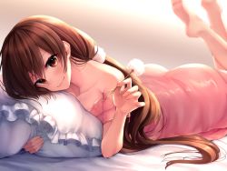 Rule 34 | 1girl, asmr, ass, bare shoulders, barefoot, blush, brown eyes, brown hair, closed mouth, collarbone, frilled pillow, frills, guricoogen, legs up, long hair, looking at viewer, low ponytail, lying, mimikaki, non-web source, hugging object, on bed, on stomach, original, pajamas, pillow, pillow grab, pillow hug, pink pajamas, smile, soles, solo, toes, very long hair