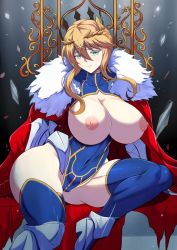 Rule 34 | 1girl, armor, artoria pendragon (fate), artoria pendragon (lancer) (fate), blonde hair, blue eyes, blush, boots, braid, breasts, cape, chair, cleavage, covered navel, fate/grand order, fate (series), gauntlets, high heel boots, high heels, highres, large breasts, long hair, looking at viewer, nipples, red cape, short hair, sitting, solo, throne, torahime (roland00)