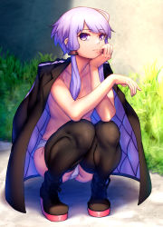 Rule 34 | 1girl, absurdres, ankle boots, black coat, black footwear, black thighhighs, boots, breasts, closed mouth, coat, coat on shoulders, collarbone, commentary request, convenient arm, day, exhibitionism, full body, grass, hand on own cheek, hand on own face, highres, looking at viewer, nicchi, outdoors, panties, public indecency, purple eyes, purple hair, short hair with long locks, sidelocks, small breasts, solo, squatting, sunlight, thighhighs, topless, underwear, vocaloid, voiceroid, white panties, yuzuki yukari