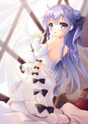 Rule 34 | 1girl, :d, azur lane, bare shoulders, bed sheet, black bow, black ribbon, blush, bow, breasts, commentary request, curtain grab, curtains, day, detached sleeves, dress, dutch angle, hair between eyes, hair bun, hair ribbon, highres, indoors, kneeling, long hair, long sleeves, looking at viewer, looking to the side, no shoes, hugging object, one side up, open mouth, pantyhose, purple eyes, purple hair, ribbon, side bun, single hair bun, single side bun, sleeveless, sleeveless dress, sleeves past wrists, small breasts, smile, soles, solo, stuffed animal, stuffed toy, stuffed unicorn, stuffed winged unicorn, sunlight, transparent, unicorn (azur lane), very long hair, white dress, white pantyhose, window, yorarry