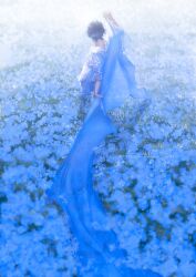 Rule 34 | 1boy, arm up, black hair, blanket, blue flower, blue theme, facing away, field, flower, flower field, from behind, highres, jewelry, long sleeves, male focus, original, outdoors, rido (ridograph), short hair, solo, standing, watermark, web address