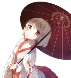 Rule 34 | 1girl, bad id, bad twitter id, blonde hair, collarbone, highres, holding, holding umbrella, japanese clothes, long sleeves, looking at viewer, looking up, miko, niito, oil-paper umbrella, original, pleated skirt, red eyes, red skirt, ribbon-trimmed sleeves, ribbon trim, short hair, simple background, skirt, solo, umbrella, white background, wide sleeves
