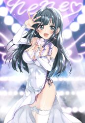 Rule 34 | 1girl, :d, ahoge, amano nene (vtuber), black hair, blunt bangs, blush, breasts, bridal gauntlets, choker, choppy bangs, cleavage, commentary, commission, covered navel, cowboy shot, dress, earrings, english commentary, fingernails, gloves, green eyes, hand up, highres, holding, holding microphone, jewelry, kuroi mimei, large breasts, long dress, long hair, looking at viewer, microphone, open mouth, production kawaii, ribbon choker, second-party source, side slit, sidelocks, skeb commission, sleeveless, sleeveless dress, smile, solo, spaghetti strap, swept bangs, thighhighs, virtual youtuber, white dress, white gloves, white thighhighs, wing earrings