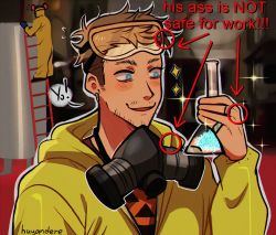 Rule 34 | 2boys, animification, blue eyes, breaking bad, commentary, earrings, english commentary, english text, erlenmeyer flask, flask, gas mask, goggles, goggles on head, highres, holding, holding flask, huyandere, jesse pinkman, jewelry, jumpsuit, looking at object, male focus, mask, methamphetamine, multiple boys, ring, short hair, sparkle, walter white, yellow jumpsuit