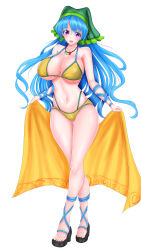 Rule 34 | 1girl, absurdres, alternate costume, bikini, bikini bottom only, blue hair, bracer, breasts, cleavage, collarbone, commentary request, crossed legs, full body, gluteal fold, green bikini, green scarf, haniyasushin keiki, head scarf, highres, kou (inaba), large breasts, layered bikini, long hair, looking at viewer, magatama, magatama necklace, necklace, open mouth, purple eyes, sandals, scarf, simple background, smile, solo, sparkle, standing, swimsuit, touhou, towel, walking, white background, yellow bikini, yellow towel