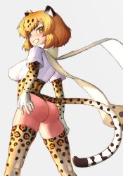 Rule 34 | 10s, 1girl, animal ears, ass, bad id, bad nicoseiga id, blonde hair, blush, breasts, covered erect nipples, elbow gloves, from behind, fur collar, gloves, grin, iwahana, jaguar (kemono friends), jaguar ears, jaguar print, jaguar tail, kemono friends, kneepits, large breasts, looking at viewer, looking back, multicolored hair, scarf, short hair, short sleeves, skindentation, smile, solo, standing, tail, thighhighs, thighs