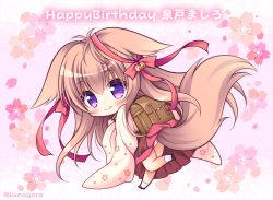 Rule 34 | 1girl, accidental exposure, animal ears, backpack, bag, bell, black footwear, blush, bow, brown hair, character name, chibi, closed mouth, commentary request, floral background, full body, hair between eyes, hair bow, happy birthday, japanese clothes, jingle bell, kimono, long hair, long sleeves, looking at viewer, looking to the side, mito mashiro, panties, pleated skirt, purple eyes, randoseru, red bow, red skirt, ryuuka sane, skirt, smile, socks, solo, standing, standing on one leg, tail, tail raised, tayutama, underwear, very long hair, white kimono, white panties, white socks, wide sleeves