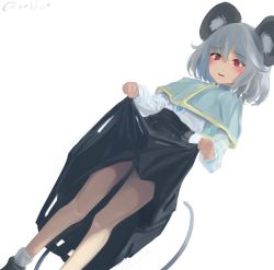 Rule 34 | 1girl, animal ears, black footwear, black skirt, blouse, blush, capelet, clothes lift, d:, dutch angle, feet out of frame, from below, full body, grey hair, jewelry, kakedashi, lifting own clothes, long sleeves, looking down, mouse ears, mouse tail, nazrin, open mouth, red eyes, shirt, short hair, skirt, skirt lift, solo, standing, tail, touhou, twitter username, white background, white shirt