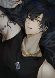 Rule 34 | 1boy, absurdres, arm tattoo, arm up, artist name, bandaged hand, bandages, barbell piercing, bare shoulders, black hair, black shirt, black tank top, blush, chain, chain necklace, collarbone, commentary request, crossed bangs, dog tags, ear piercing, earrings, gold chain, hair between eyes, highres, industrial piercing, jewelry, looking at viewer, lying, makura wet, necklace, on back, open mouth, original, parted lips, piercing, shirt, short hair, signature, sleeveless, sleeveless shirt, solo, tank top, tattoo, teeth, upper body, upper teeth only, yellow eyes