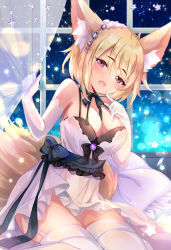 Rule 34 | 1girl, :d, animal ear fluff, animal ears, bare shoulders, black bow, blush, bow, breasts, brown eyes, cleavage, commentary request, curtain grab, curtains, dress, elbow gloves, fang, fox ears, fox girl, fox tail, garter straps, gloves, hair between eyes, half-closed eyes, hands up, ichiyou moka, light brown hair, medium breasts, open mouth, original, sleeveless, sleeveless dress, smile, solo, tail, thighhighs, transparent, white dress, white gloves, white thighhighs, window