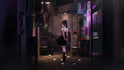 Rule 34 | 1girl, absurdres, air conditioner, alley, ame-chan (needy girl overdose), black eyes, black hair, black skirt, black socks, collared shirt, commentary, expressionless, full body, hair tie, highres, jirai kei, light particles, looking at viewer, medium hair, needy girl overdose, night, outdoors, own hands together, profile, red shirt, security camera, shirt, shirt tucked in, sideways glance, skirt, socks, solo, suspender skirt, suspenders, symbol-only commentary, twintails, yuyullllo