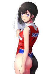 Rule 34 | 1girl, ass, asymmetrical bangs, black hair, breasts, commentary request, from behind, hanebado!, highleg, highleg leotard, highres, leotard, looking at viewer, looking back, medium breasts, purple eyes, sayoi, shiwahime yuika, short hair, simple background, solo, standing, white background