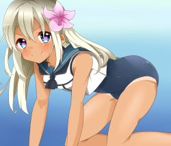 Rule 34 | 10s, 1girl, all fours, blonde hair, blue eyes, crop top, flower, hair flower, hair ornament, heart, heart-shaped pupils, highres, kantai collection, kiyo (yamazoe1122), long hair, one-piece swimsuit, ro-500 (kancolle), sailor collar, school swimsuit, smile, solo, swimsuit, swimsuit under clothes, symbol-shaped pupils, tan, tanline, thighs