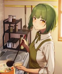Rule 34 | 1girl, 3 small spiders, apron, closed mouth, commentary, cooking, cooking pot, fault, feet out of frame, food, green apron, green hair, highres, holding, holding ladle, holding plate, housewife, kitchen, ladle, light blush, light smile, looking at viewer, orange eyes, plate, ruki serenhaide, shirt, short hair, sleeves rolled up, solo, soup, standing, tasting plate, upper body, white shirt
