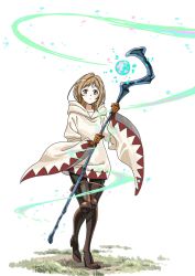 Rule 34 | 1girl, blonde hair, boots, brown footwear, brown gloves, commentary request, final fantasy, final fantasy tactics, full body, gloves, grass, highres, holding, holding staff, long hair, long sleeves, looking at viewer, magic, simple background, solo, staff, sunomono, thigh boots, thighhighs, walking, white background, white mage, white mage (fft), white mage (final fantasy), wide sleeves, yellow eyes