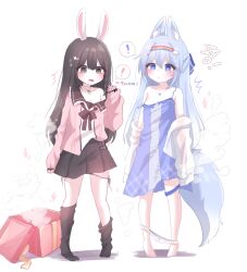 Rule 34 | !, 2girls, :o, animal ear fluff, animal ears, armpit crease, bare shoulders, black footwear, black skirt, blue eyes, blue hair, blue nightgown, blush, breasts, brown eyes, brown hair, cleavage, cloud hair ornament, collarbone, commentary request, dot nose, flower, fox ears, fox girl, fox tail, gift, hair between eyes, hair flower, hair ornament, hairclip, highres, honyang, jewelry, long hair, looking at another, loose socks, miniskirt, multiple girls, neck ribbon, nightgown, no panties, off shoulder, open box, open mouth, original, panties, panties around ankles, panty pull, pendant, pink shirt, rainbow hairband, ribbon, see-through, see-through sleeves, shirt, sidelocks, simple background, skirt, sleeves past fingers, sleeves past wrists, small breasts, socks, sparkle, spoken exclamation mark, strap slip, tail, thigh strap, translation request, underwear, variant set, white background, white panties, white shirt