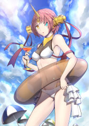Rule 34 | 1girl, absurdres, beach, beach umbrella, bird, blue eyes, breasts, cleavage, cloud, cloudy sky, cup, day, drinking glass, drinking straw, fate/grand order, fate (series), food, frankenstein&#039;s monster (fate), frankenstein&#039;s monster (swimsuit saber) (fate), fruit, heterochromia, highres, horns, innertube, lime (fruit), lime slice, orange eyes, outdoors, red hair, seagull, see-through, see-through cleavage, sky, solo, swim ring, swimsuit, umbrella, yan mian